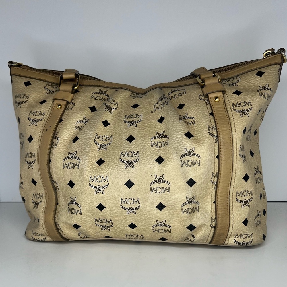 MCM Visetos Ivory Medium Shoulder Bag Logo Print Leather Trim Zip Top Designer - Picture 3 of 12
